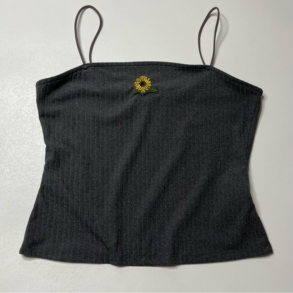 Belle Tweed Ribbed Sunflower Embroidered Cropped Tank Top Womens Size XL